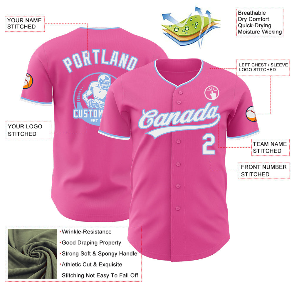 Custom Pink White-Light Blue Authentic Baseball Jersey view 3