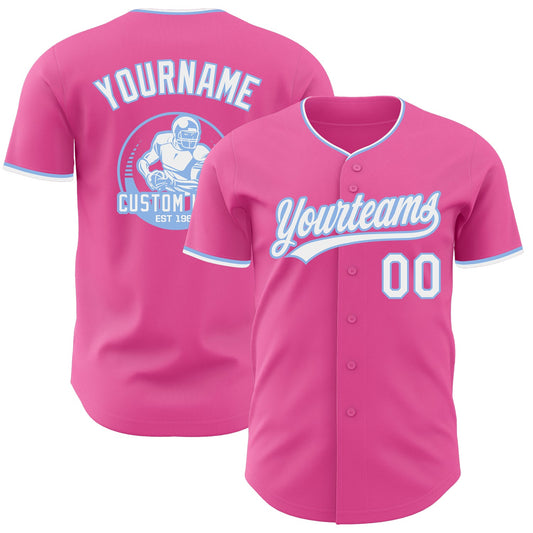 Custom Pink White-Light Blue Authentic Baseball Jersey - Main View