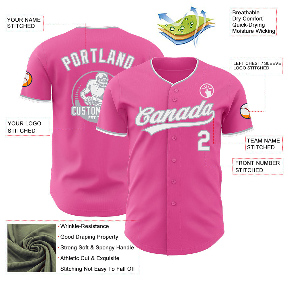 Custom Pink White-Gray Authentic Baseball Jersey view 3