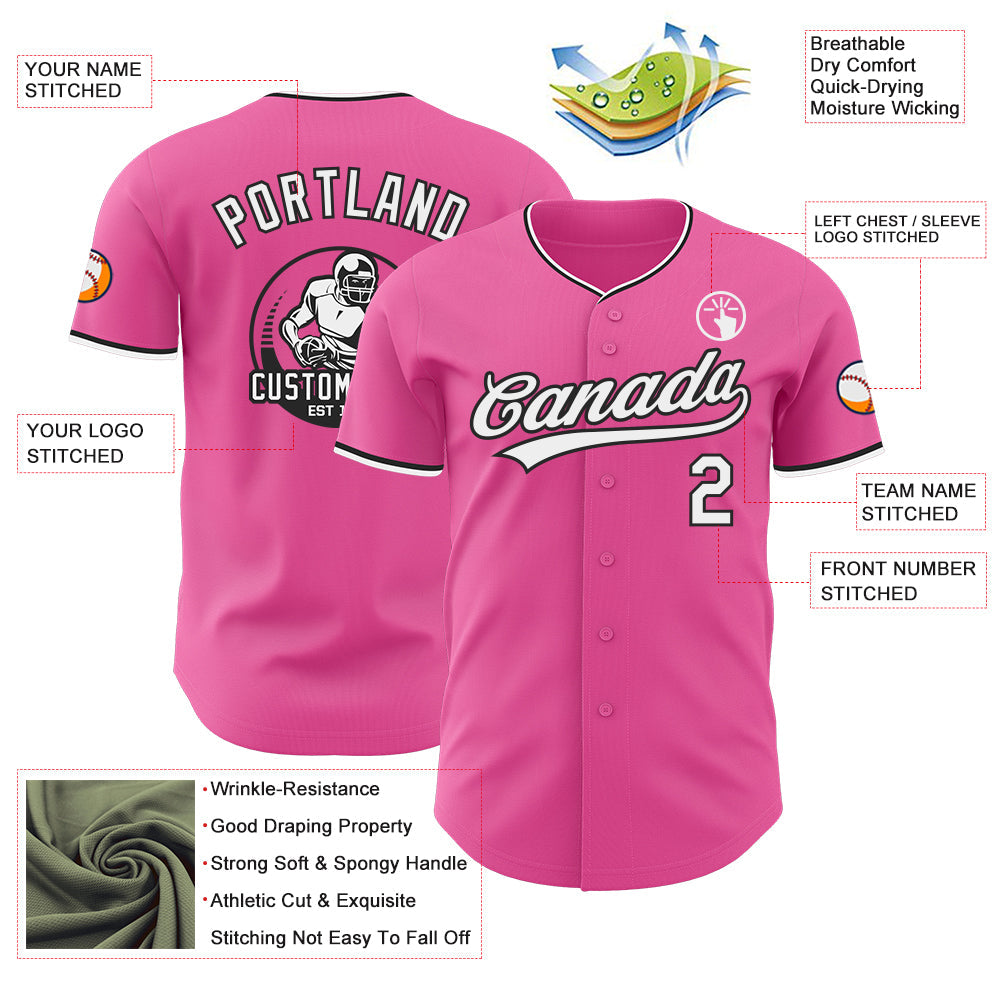 Custom Pink White-Black Authentic Baseball Jersey view 3