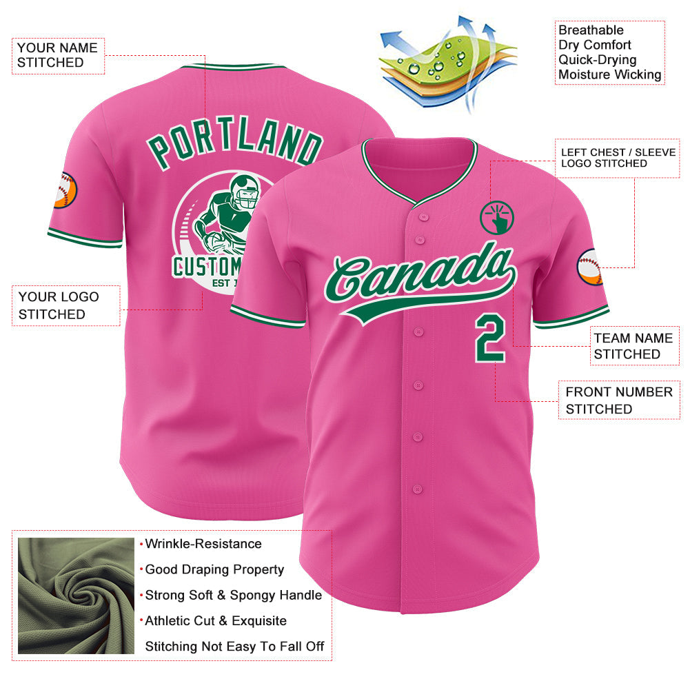 Custom Pink Kelly Green-White Authentic Baseball Jersey view 3