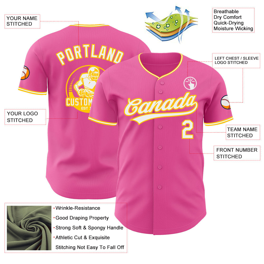 Custom Pink White-Yellow Authentic Baseball Jersey view 3