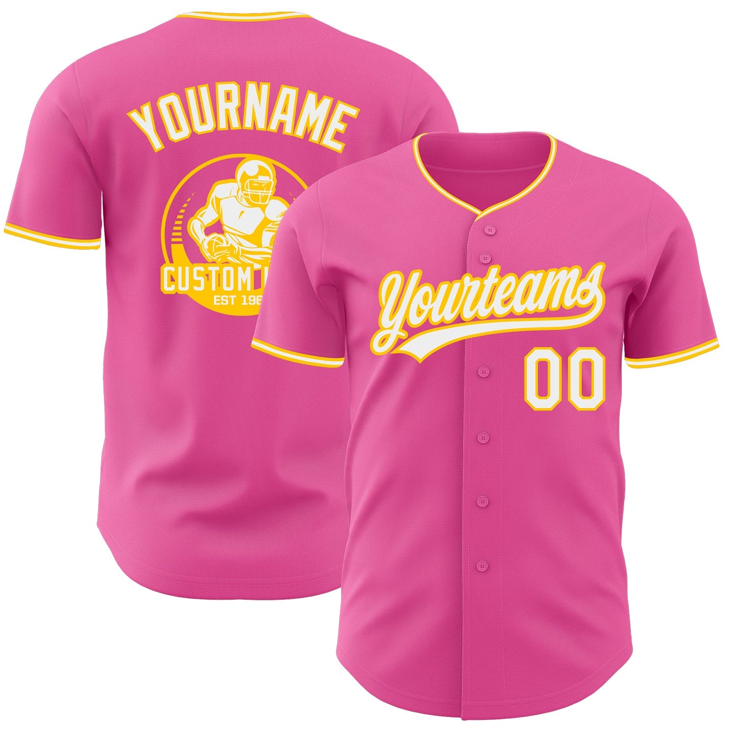 Custom Pink White-Yellow Authentic Baseball Jersey - Main View