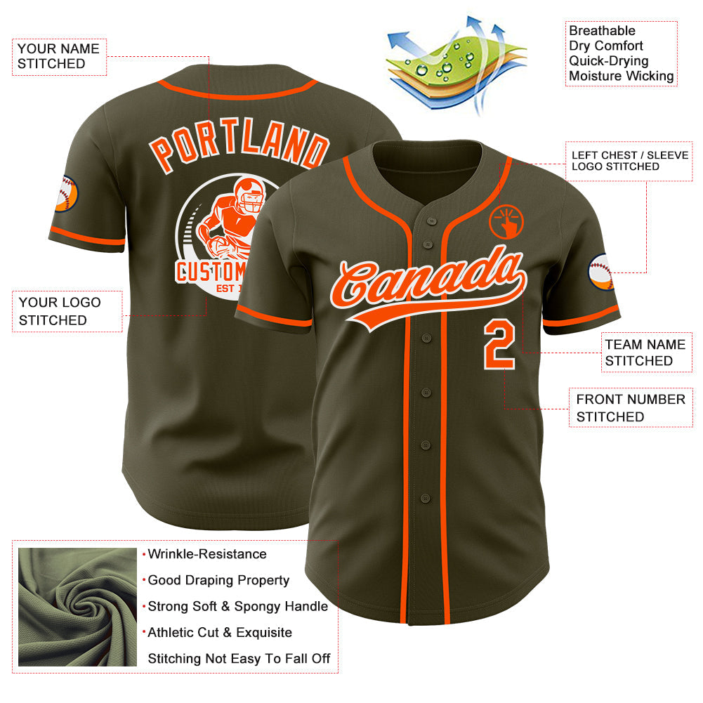 Custom Olive Orange-White Authentic Baseball Jersey view 3