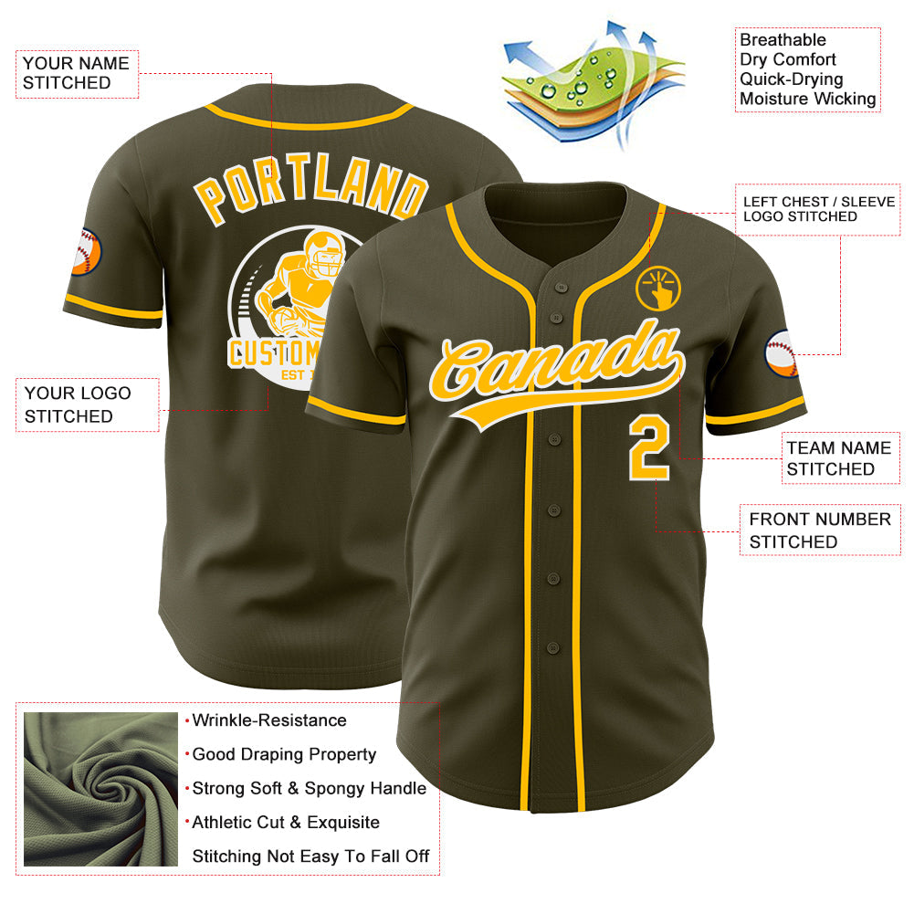 Custom Olive Gold-White Authentic Baseball Jersey view 3