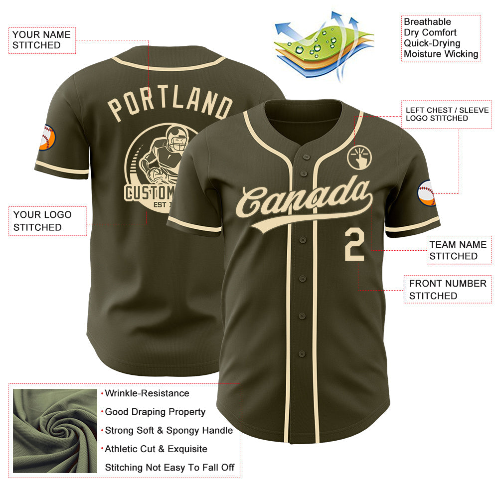 Custom Olive-Cream Authentic Baseball Jersey view 3