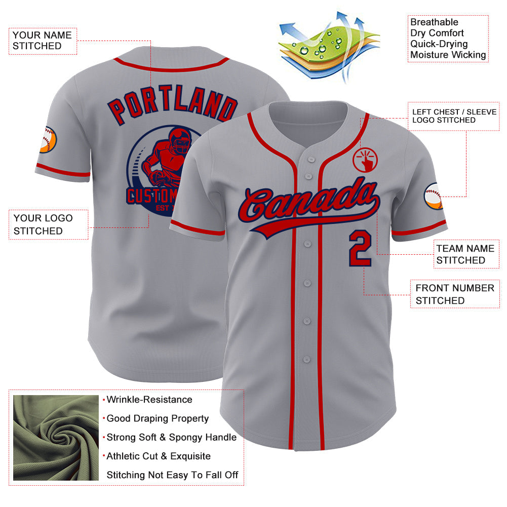 Custom Gray Red-Navy Authentic Baseball Jersey view 3