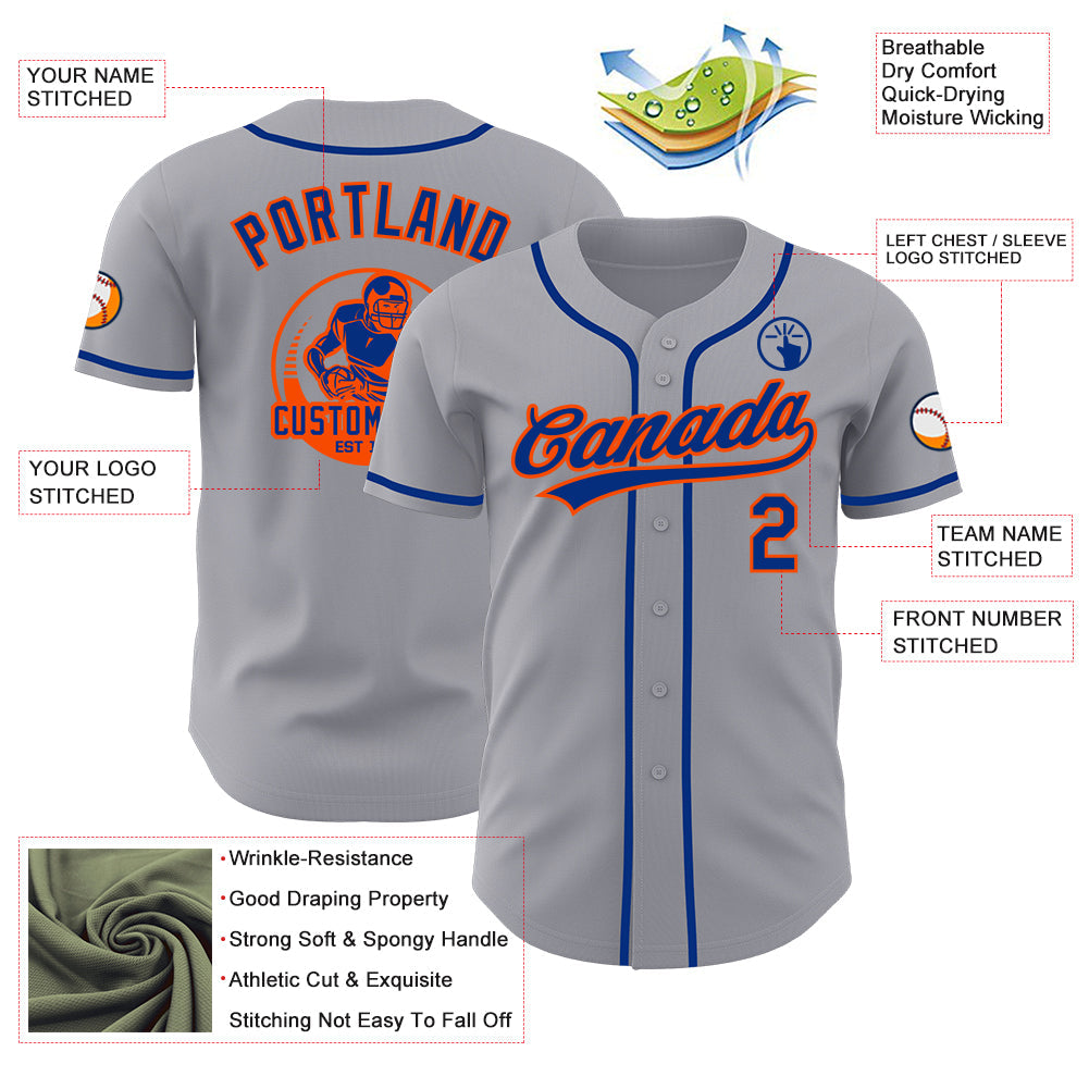 Custom Gray Royal-Orange Authentic Baseball Jersey view 3
