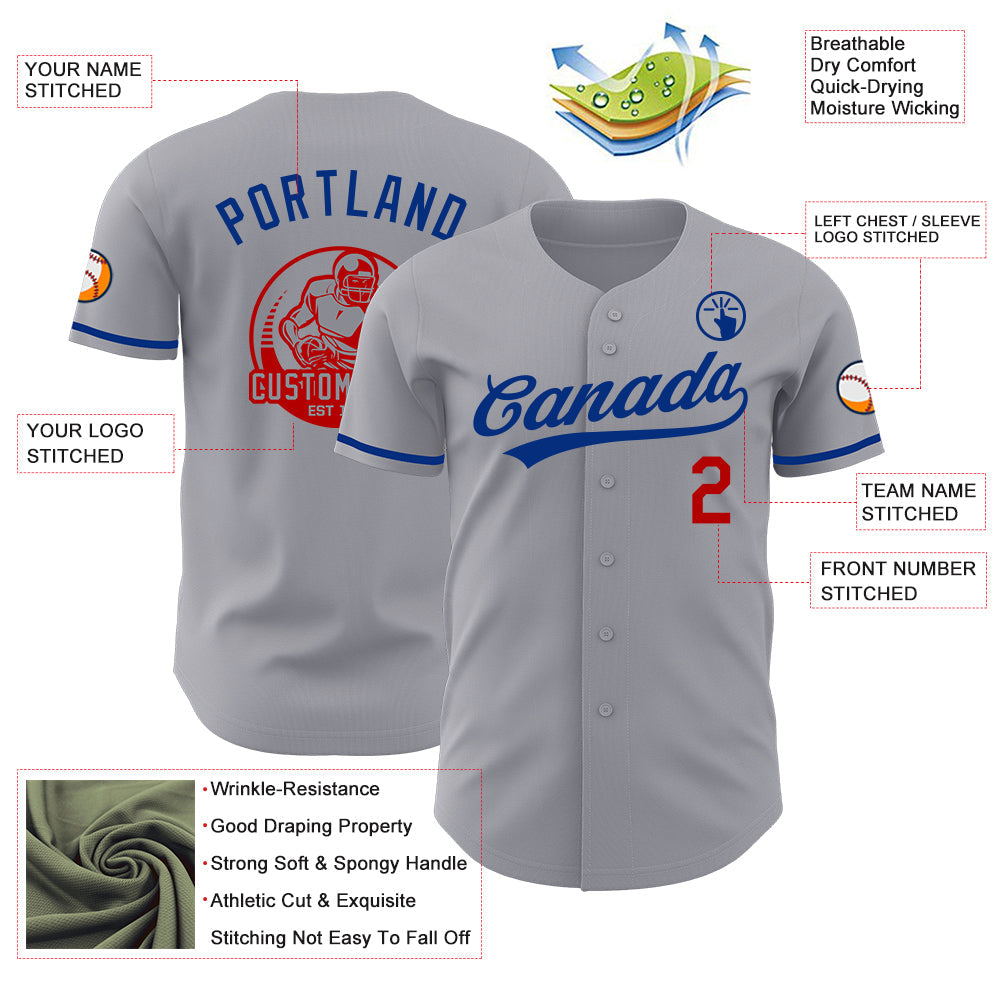 Custom Gray Red-Royal Authentic Baseball Jersey view 3
