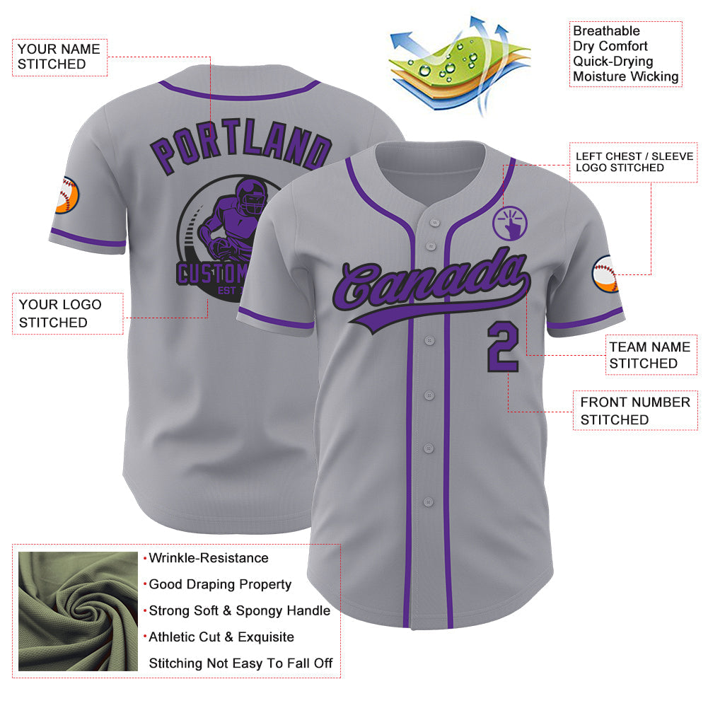 Custom Gray Purple-Black Authentic Baseball Jersey view 3