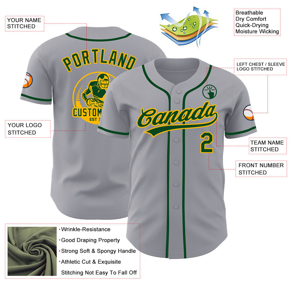 Custom Gray Green-Gold Authentic Baseball Jersey view 3