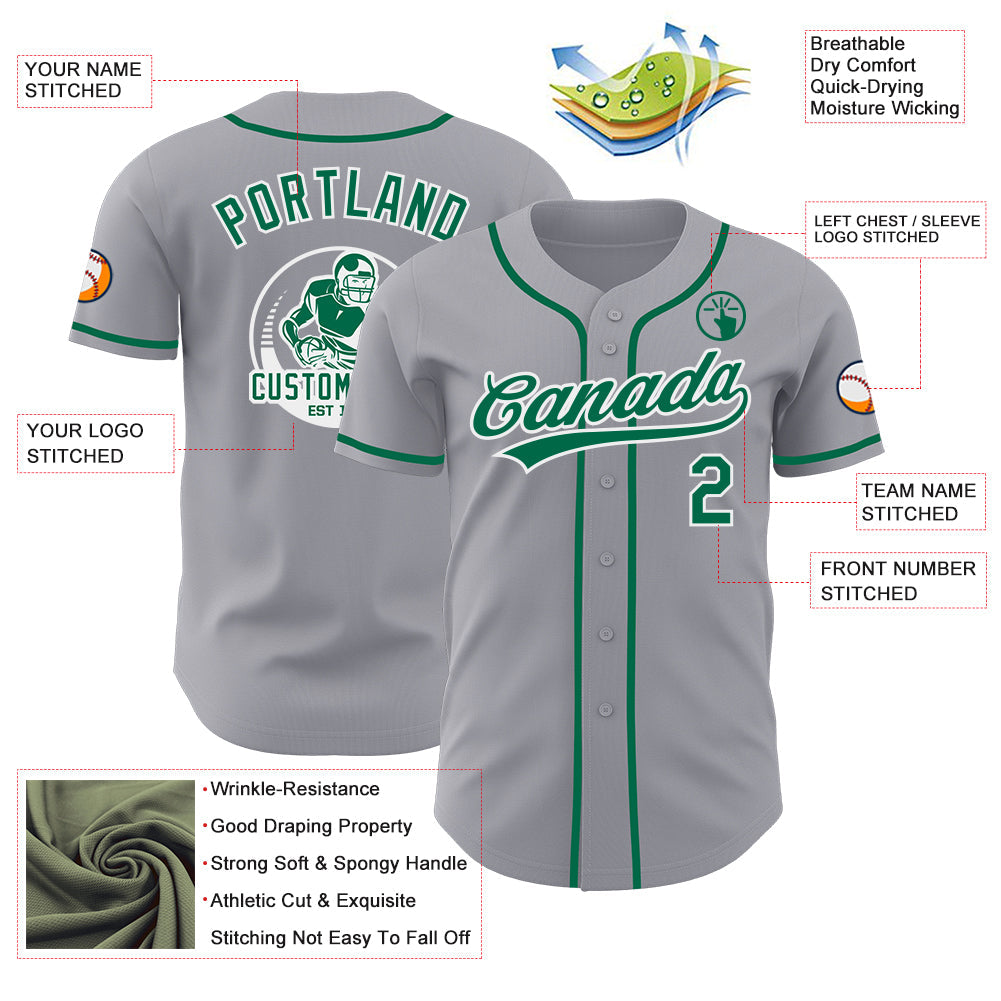 Custom Gray Kelly Green-White Authentic Baseball Jersey view 3
