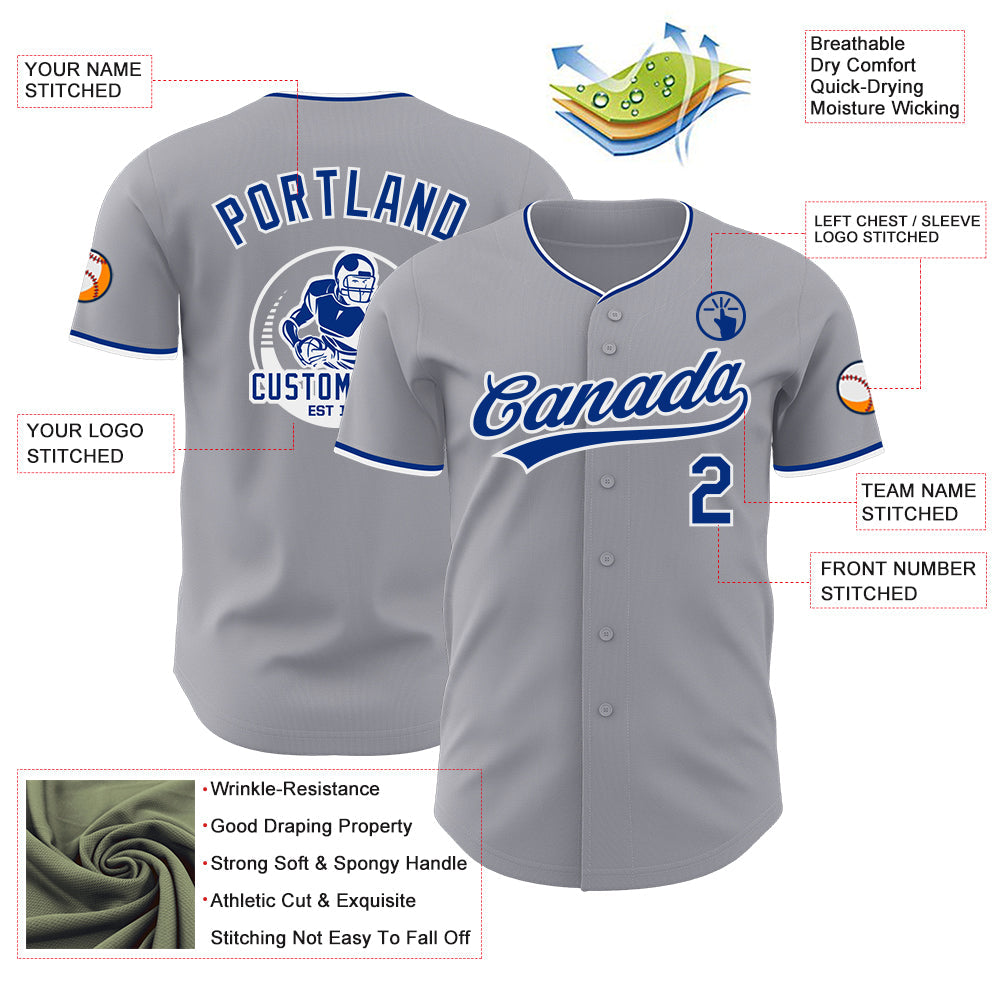 Custom Gray Royal-White Authentic Baseball Jersey view 3