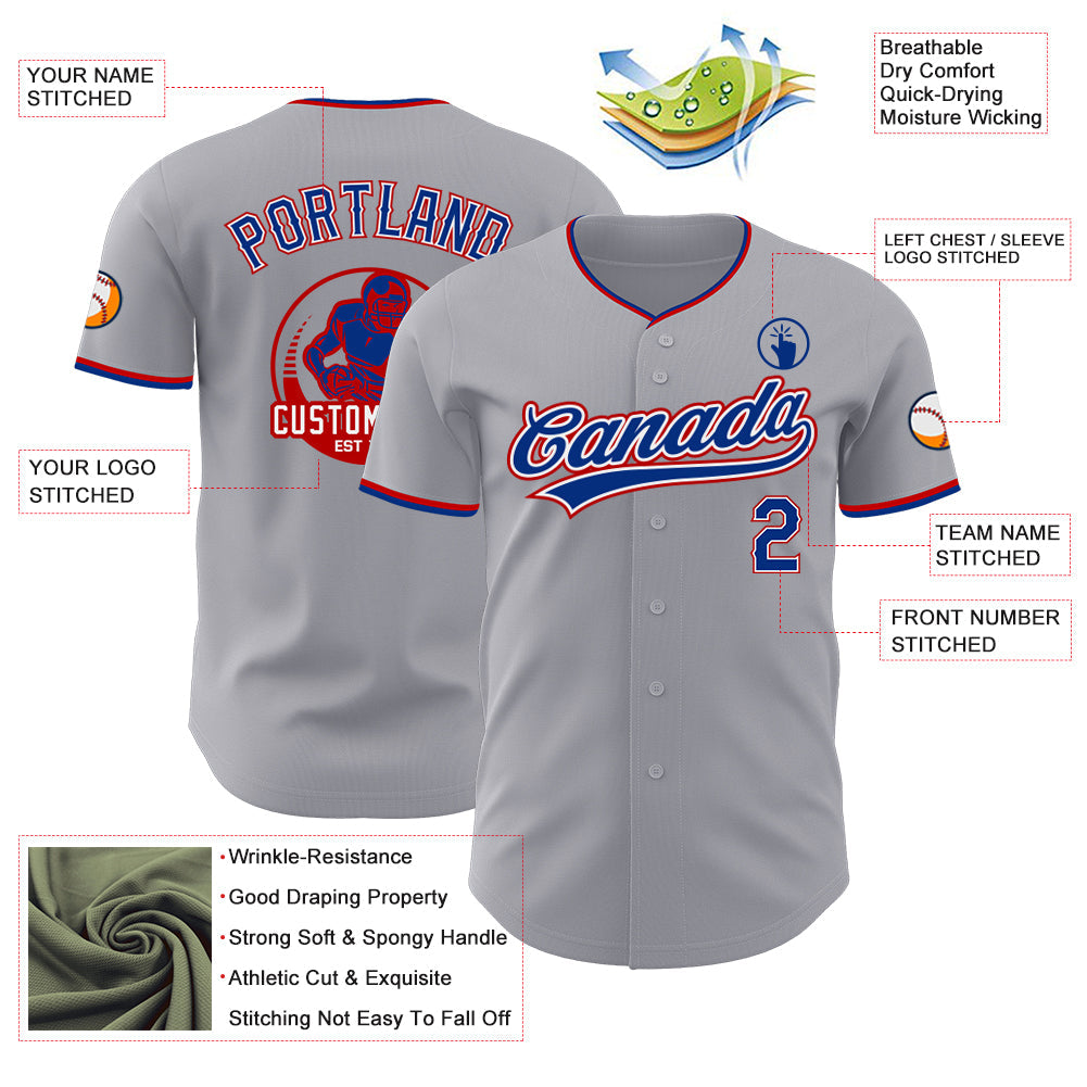 Custom Gray Royal White-Red Authentic Baseball Jersey view 3