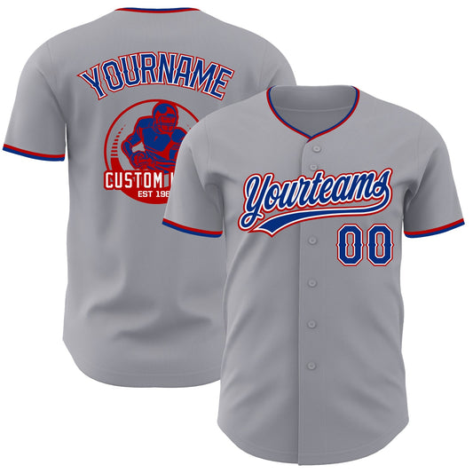 Custom Gray Royal White-Red Authentic Baseball Jersey - Main View