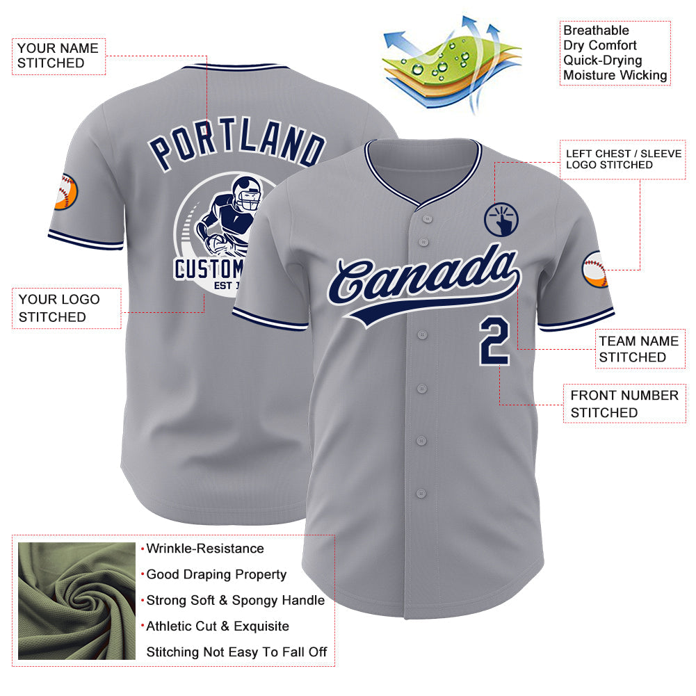 Custom Gray Navy-White Authentic Baseball Jersey view 3