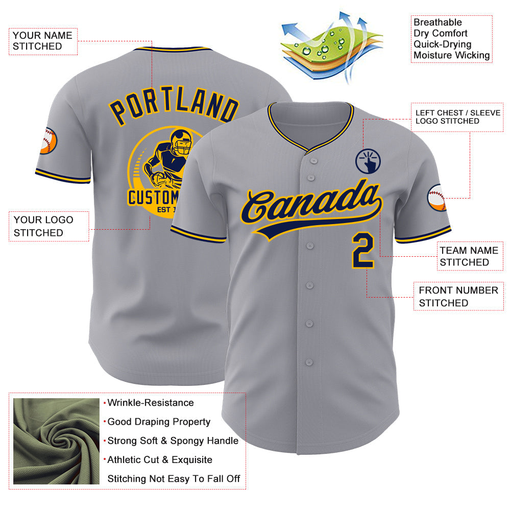 Custom Gray Navy-Gold Authentic Baseball Jersey view 3