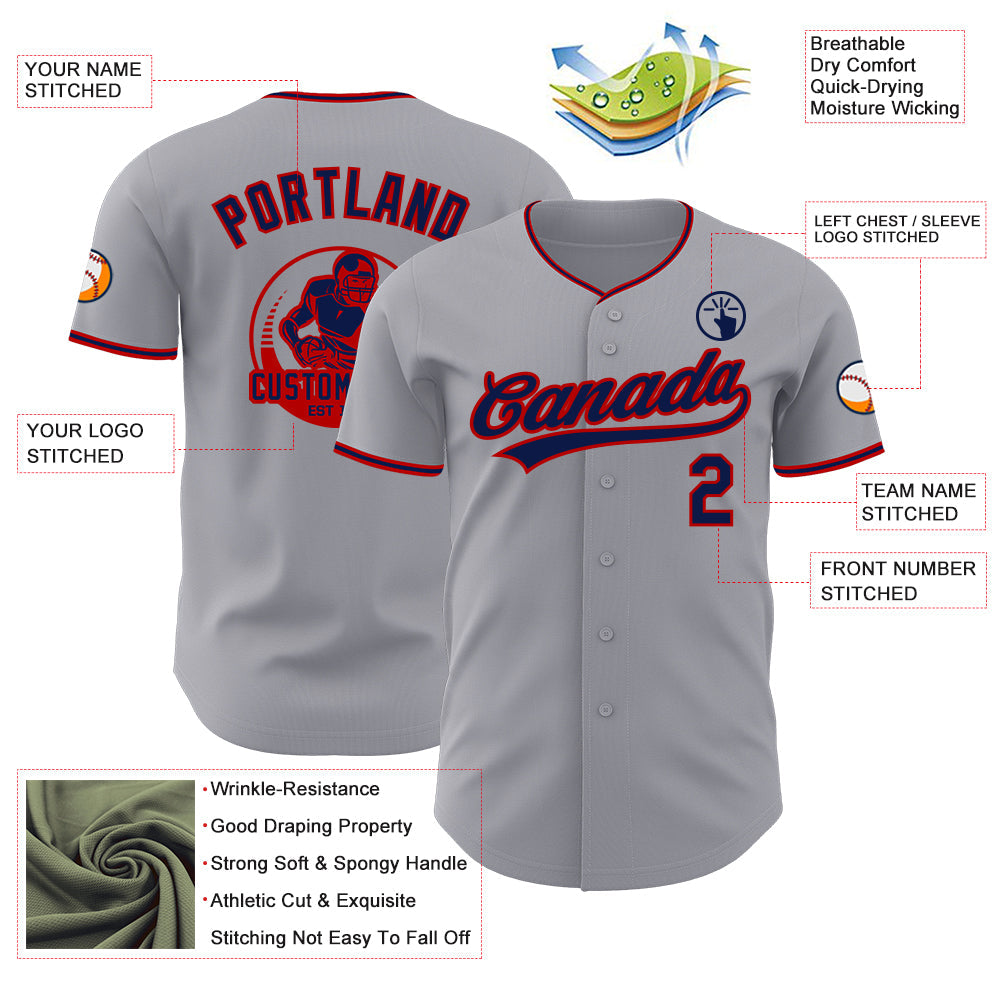 Custom Gray Navy-Red Authentic Baseball Jersey view 3