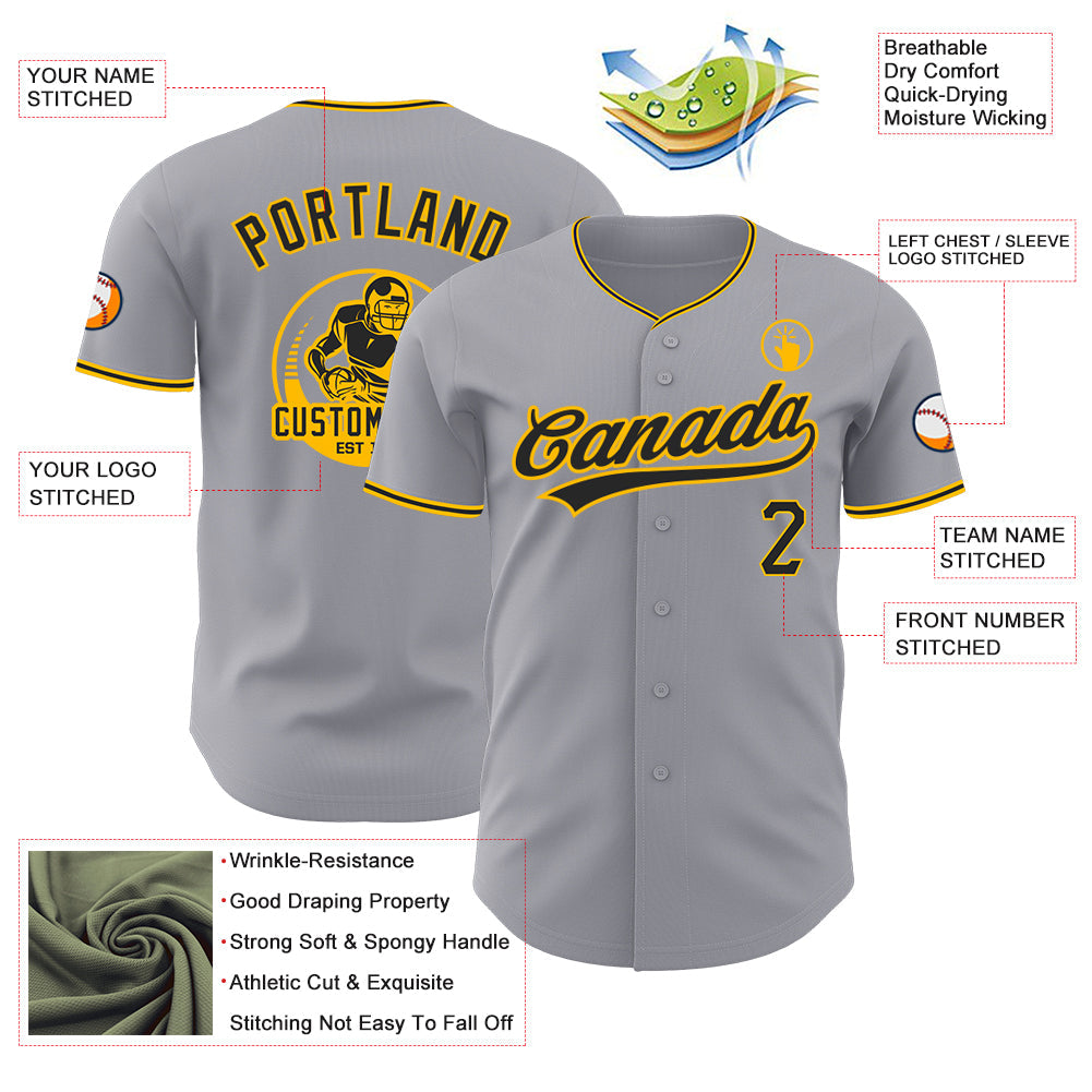 Custom Gray Black-Gold Authentic Baseball Jersey view 3