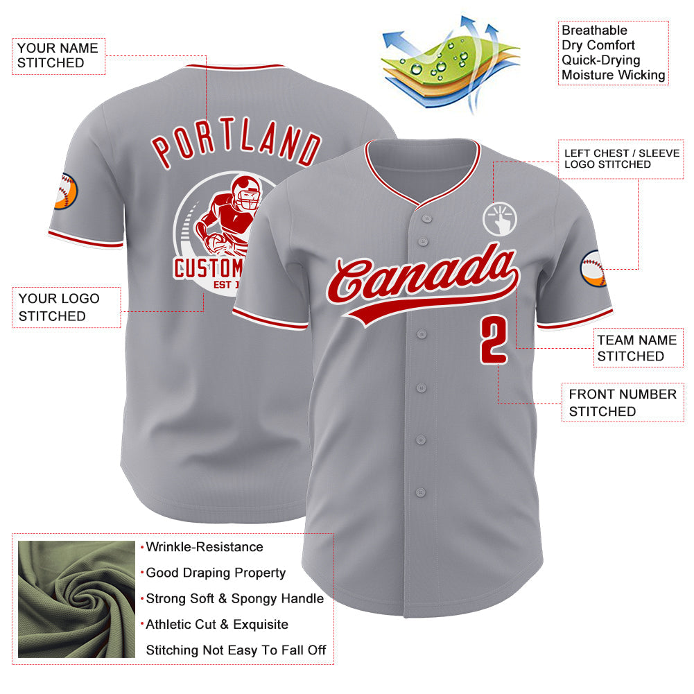 Custom Gray Red-White Authentic Baseball Jersey view 3