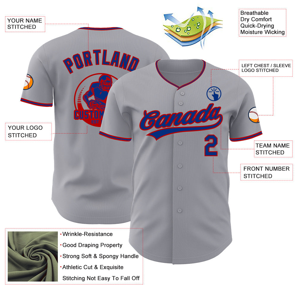 Custom Gray Royal-Red Authentic Baseball Jersey view 3