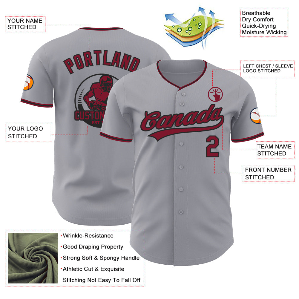 Custom Gray Crimson-Black Authentic Baseball Jersey view 3