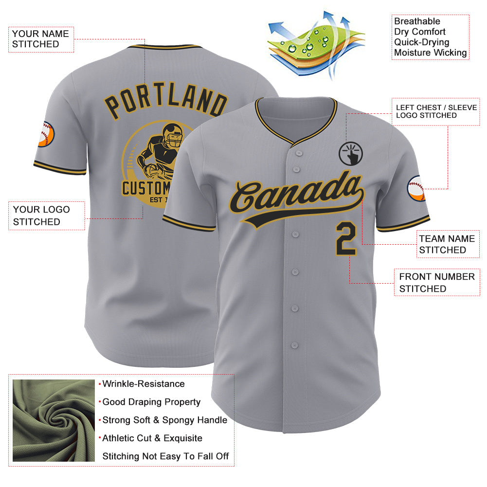Custom Gray Black-Old Gold Authentic Baseball Jersey view 3