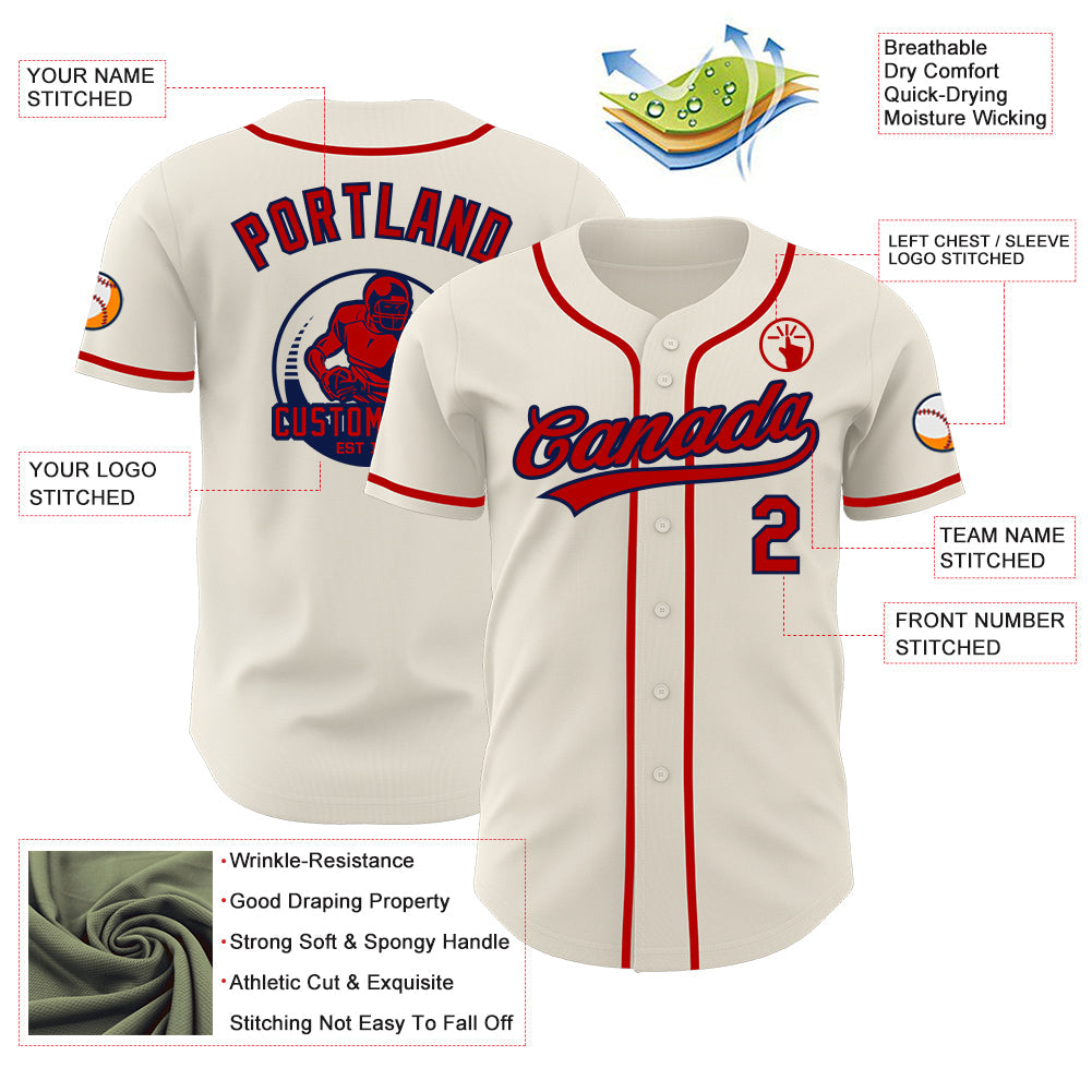 Custom Cream Red-Navy Authentic Baseball Jersey view 3