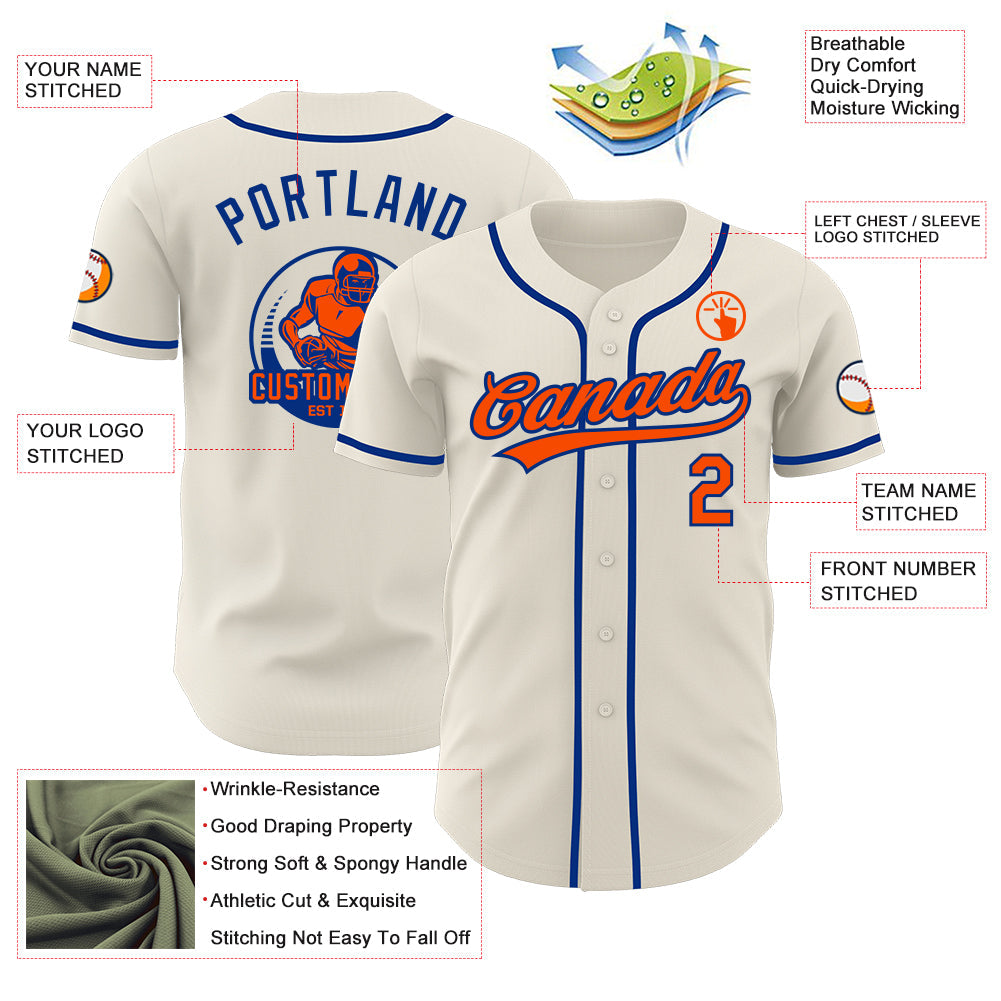 Custom Cream Orange-Royal Authentic Baseball Jersey view 3