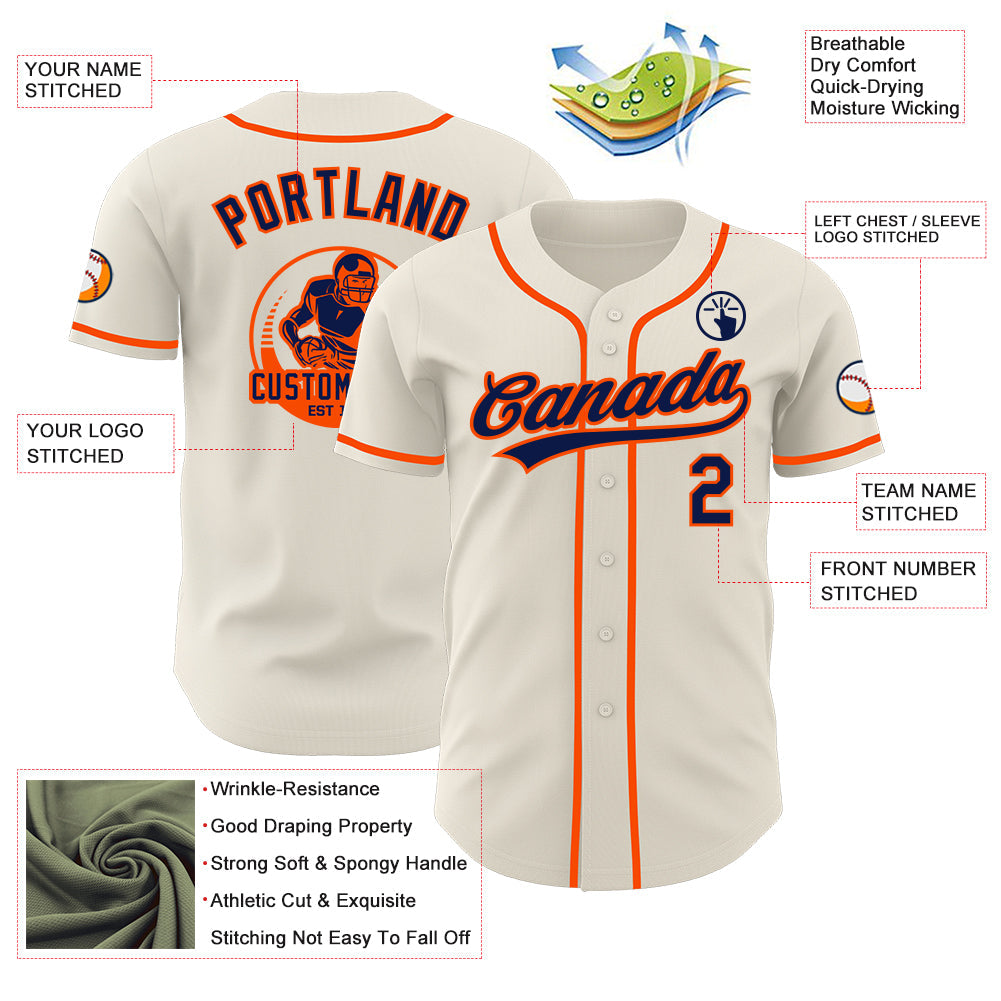 Custom Cream Navy-Orange Authentic Baseball Jersey view 3