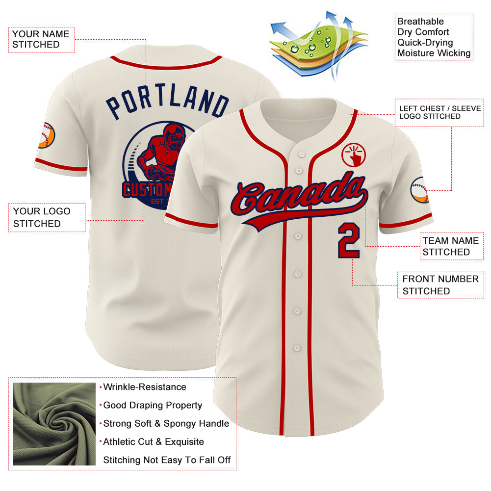 Custom Cream Red-Navy Authentic Baseball Jersey view 3