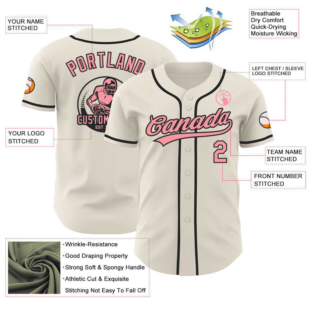 Custom Cream Medium Pink-Black Authentic Baseball Jersey view 3