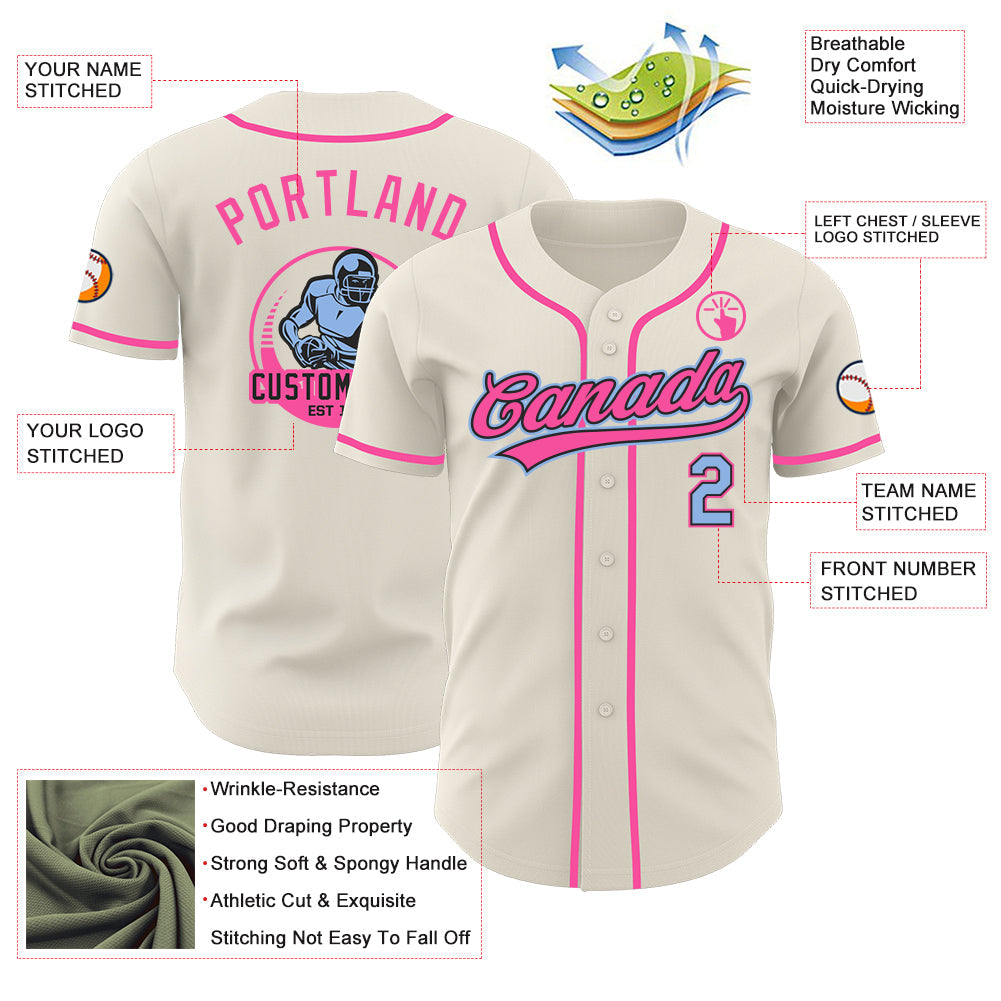 Custom Cream Light Blue Black-Pink Authentic Baseball Jersey view 3