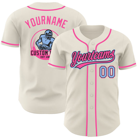 Custom Cream Light Blue Black-Pink Authentic Baseball Jersey - Main View