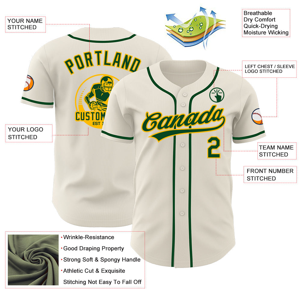 Custom Cream Green-Gold Authentic Baseball Jersey view 3
