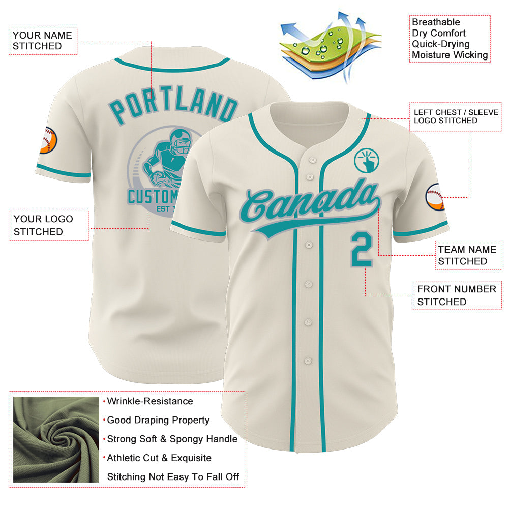 Custom Cream Teal-Gray Authentic Baseball Jersey view 3