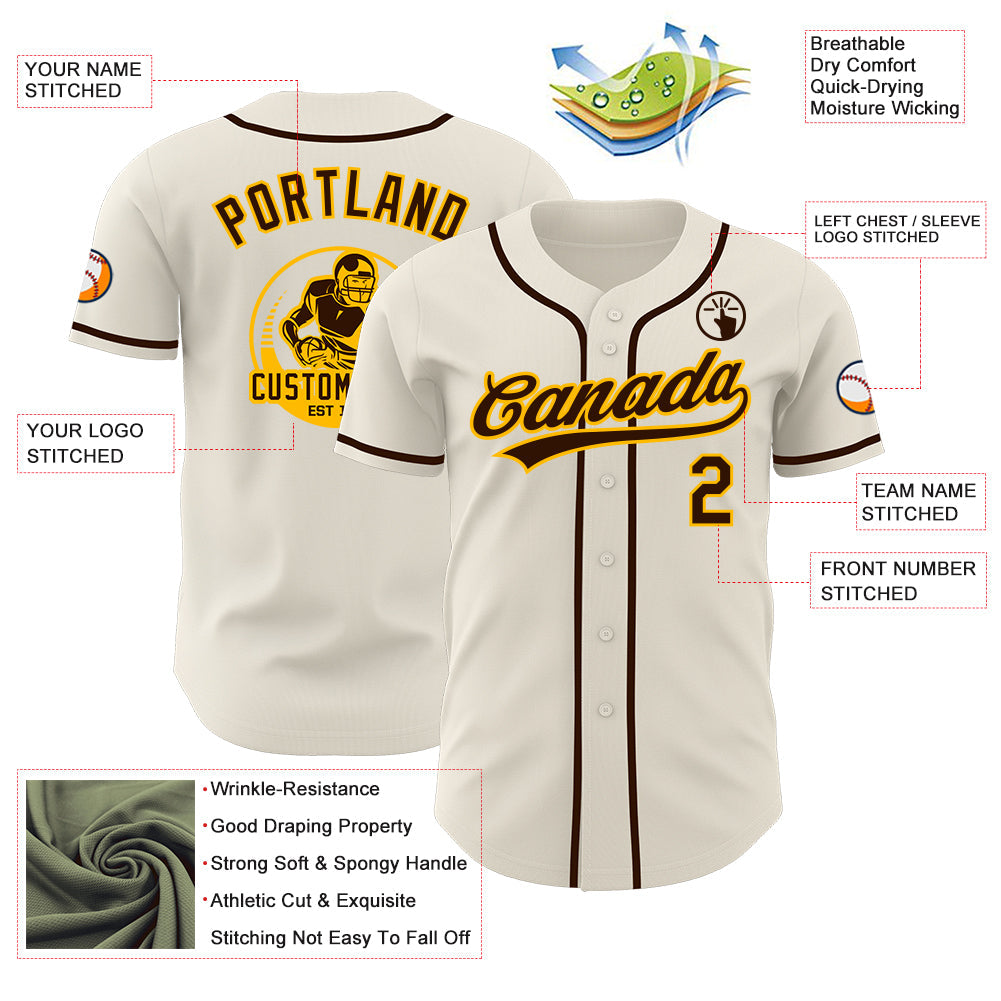 Custom Cream Brown-Gold Authentic Baseball Jersey view 3