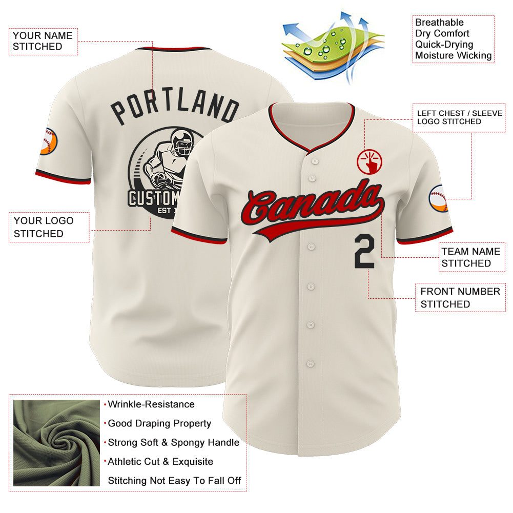 Custom Cream Black-Red Authentic Baseball Jersey view 3