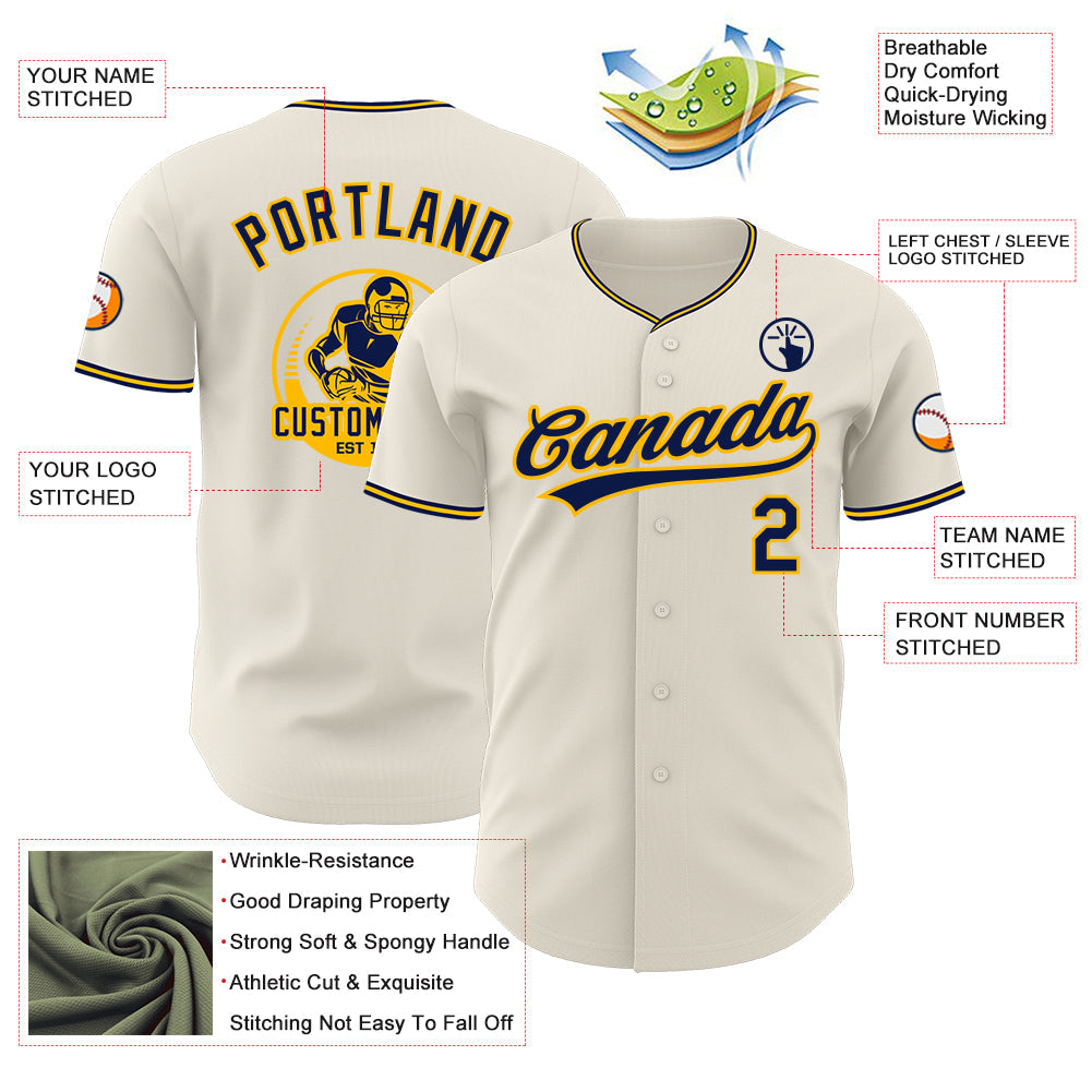 Custom Cream Navy-Gold Authentic Baseball Jersey view 3
