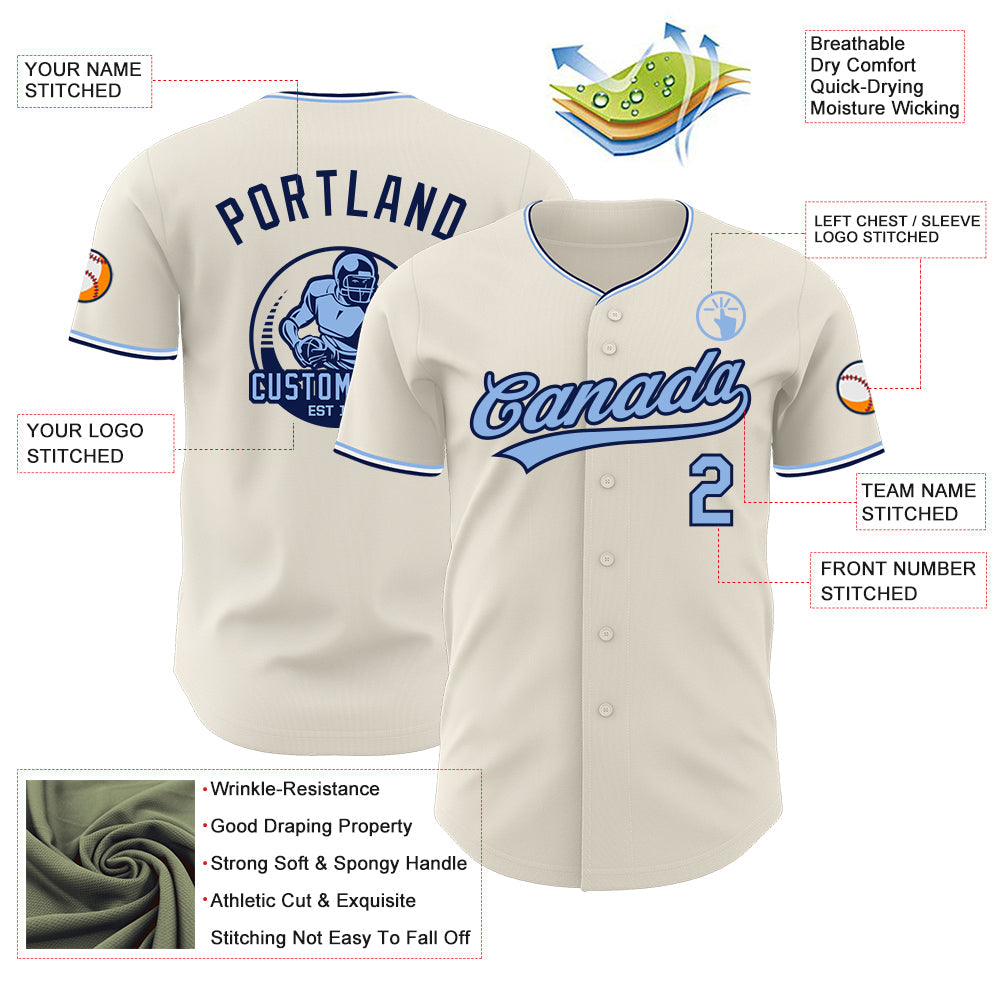 Custom Cream Light Blue Navy-White Authentic Baseball Jersey view 3