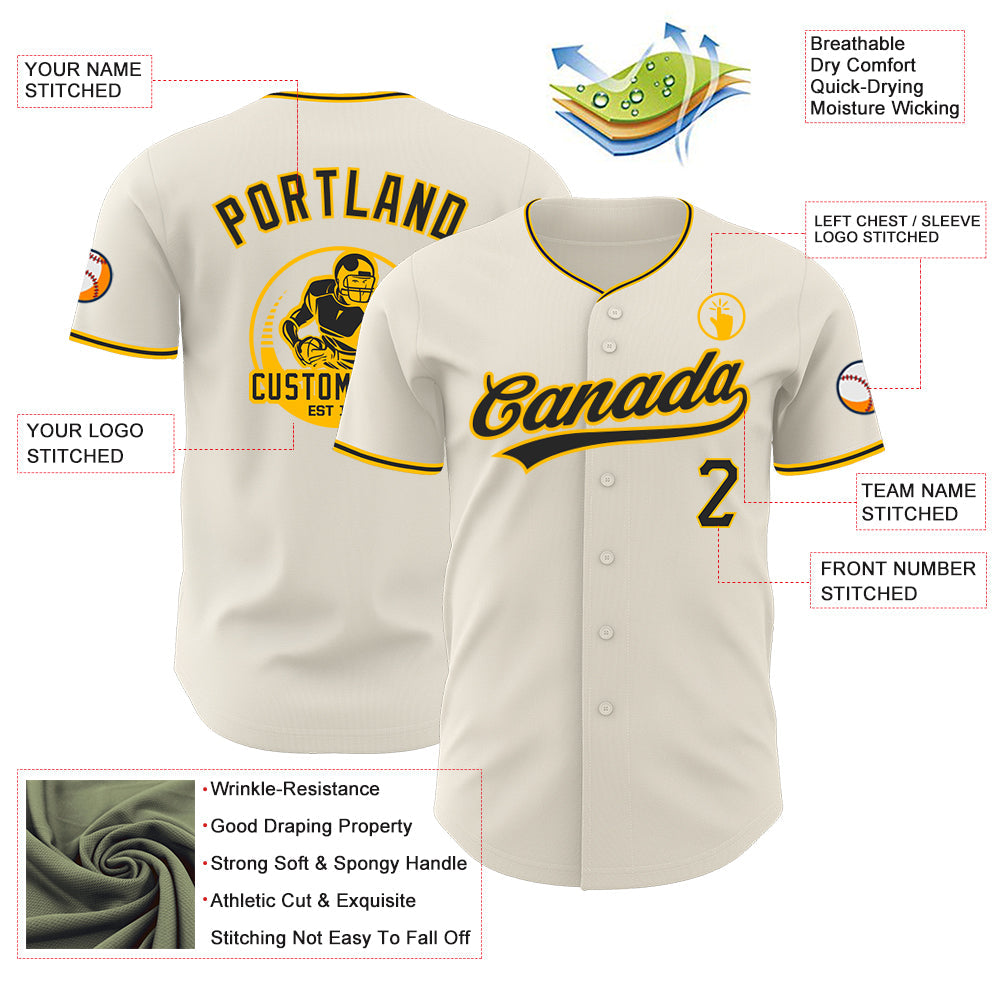 Custom Cream Black-Gold Authentic Baseball Jersey view 3