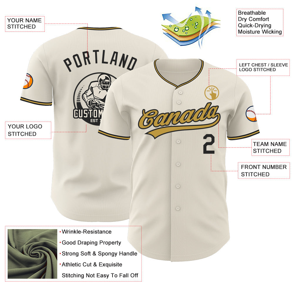 Custom Cream Black-Old Gold Authentic Baseball Jersey view 3