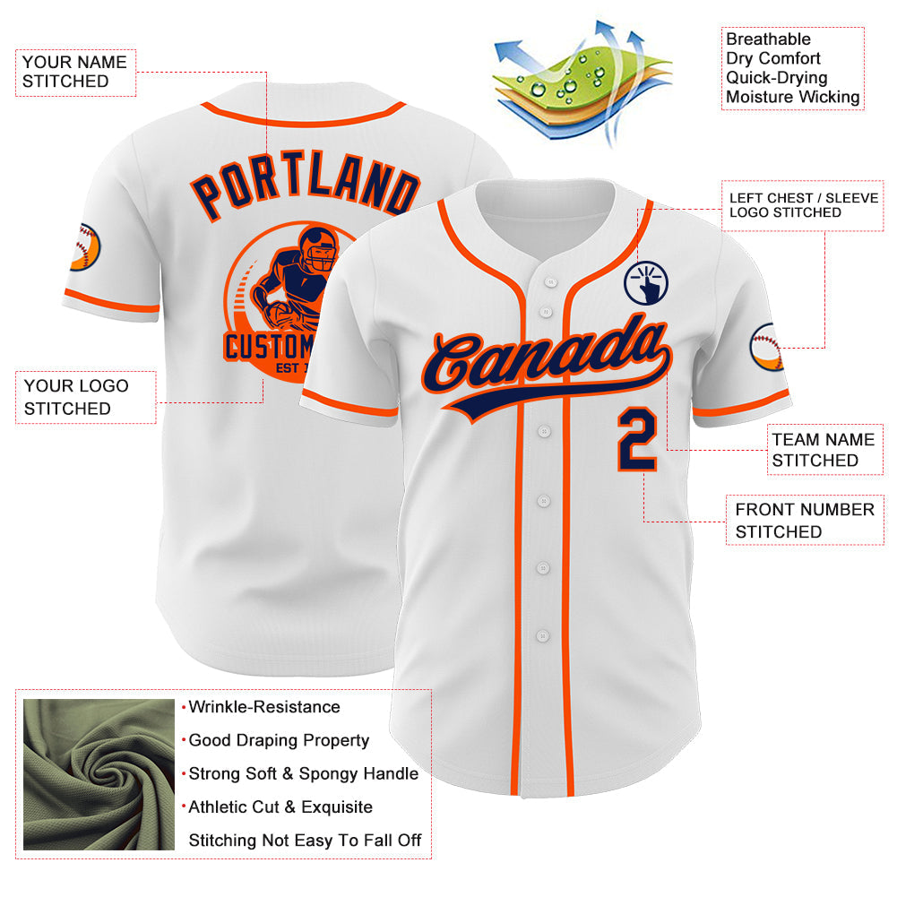 Custom White Navy-Orange Authentic Baseball Jersey view 3