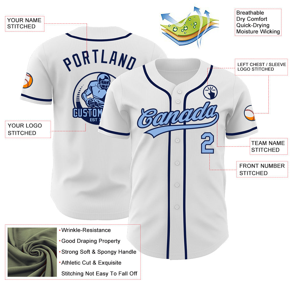Custom White Light Blue-Navy Authentic Baseball Jersey view 3