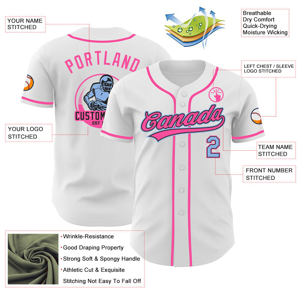 Custom White Light Blue Black-Pink Authentic Baseball Jersey view 3