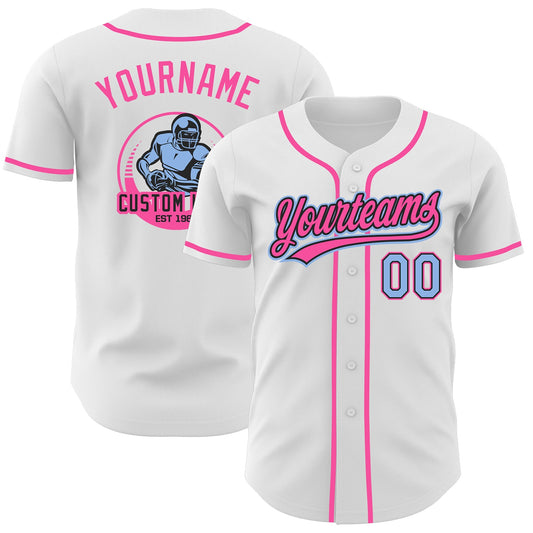 Custom White Light Blue Black-Pink Authentic Baseball Jersey - Main View