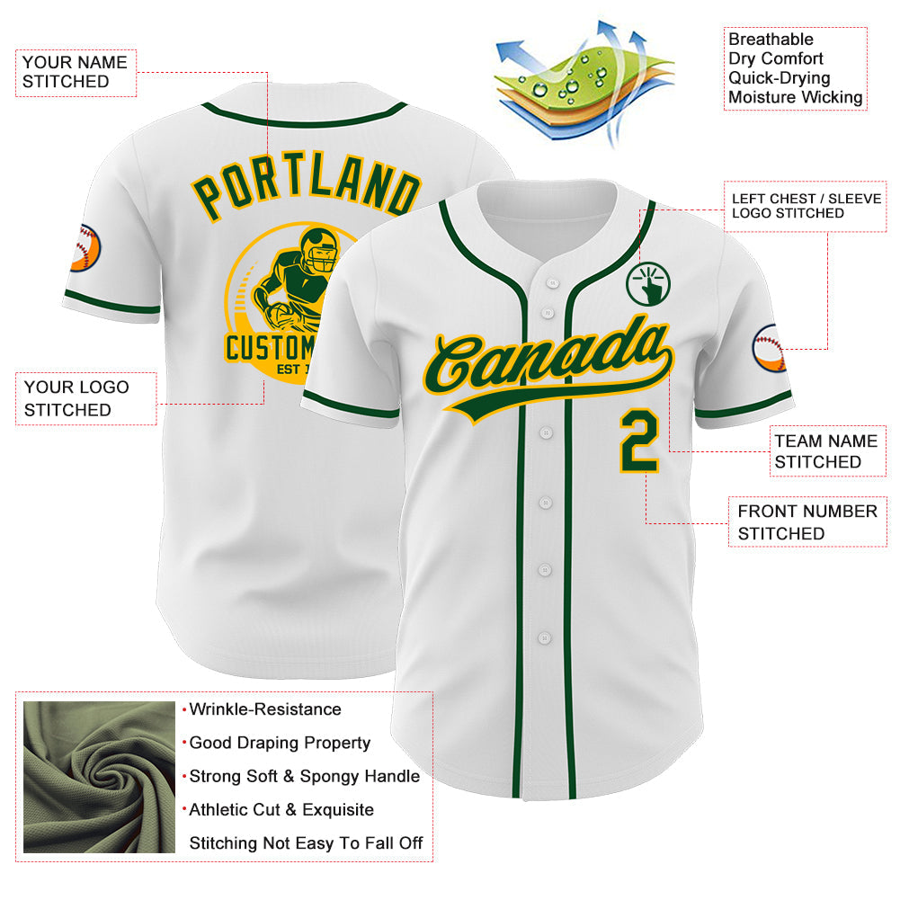 Custom White Green-Gold Authentic Baseball Jersey view 3