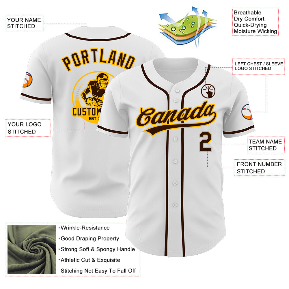 Custom White Brown-Gold Authentic Baseball Jersey view 3