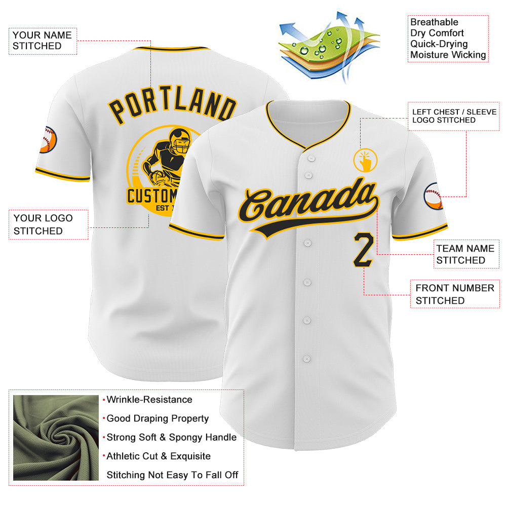 Custom White Black-Gold Authentic Baseball Jersey view 3