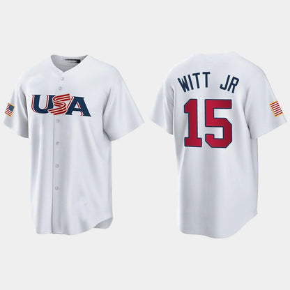 #15 BOBBY WITT JR. KANSAS CITY ROYALS 2023 WORLD BASEBALL CLASSIC USA REPLICA JERSEY ¨C WHITE Stitches Baseball Jerseys - Main View